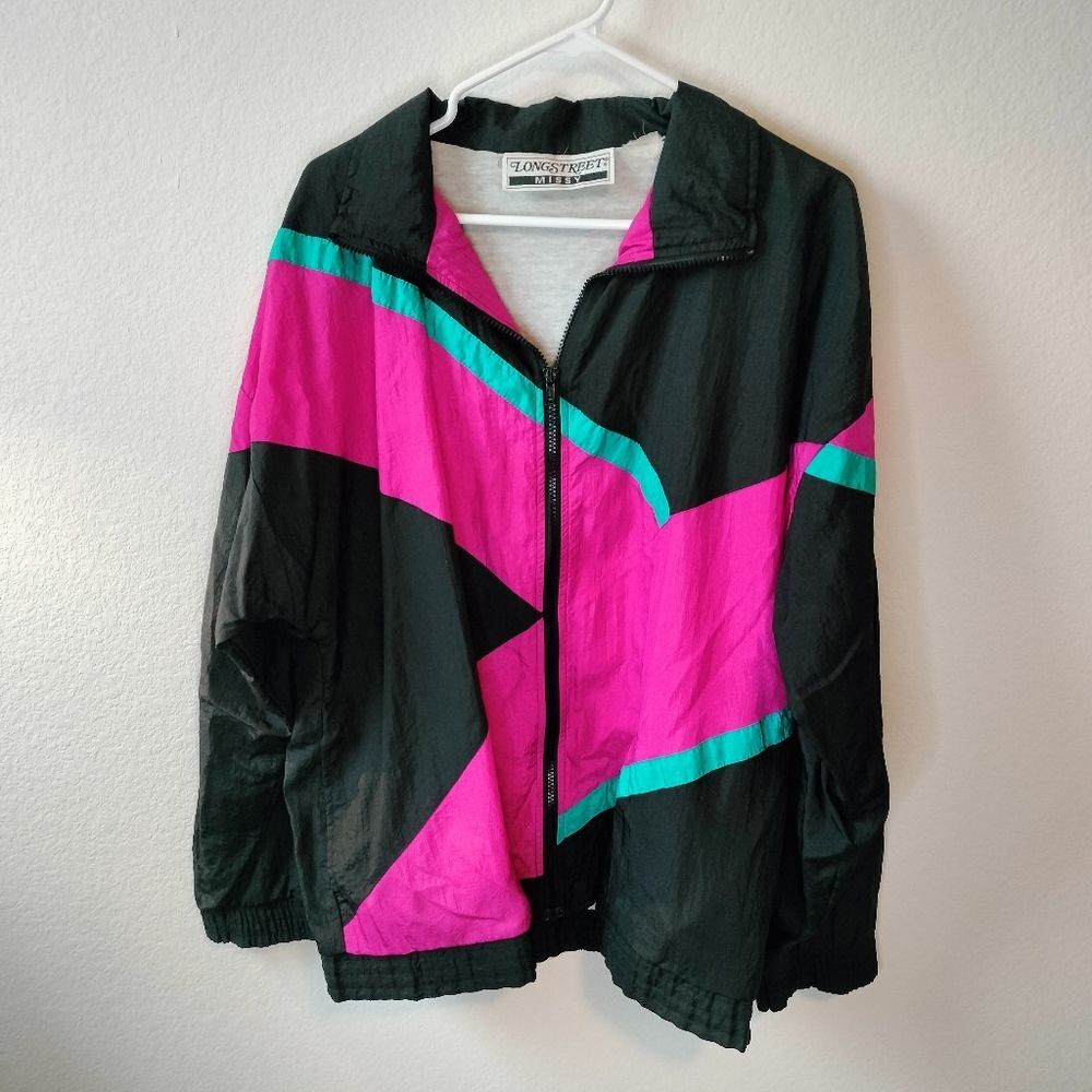 80s Vintage Geometric Color Block Black Longstreet Missy Zip Up Windbreaker